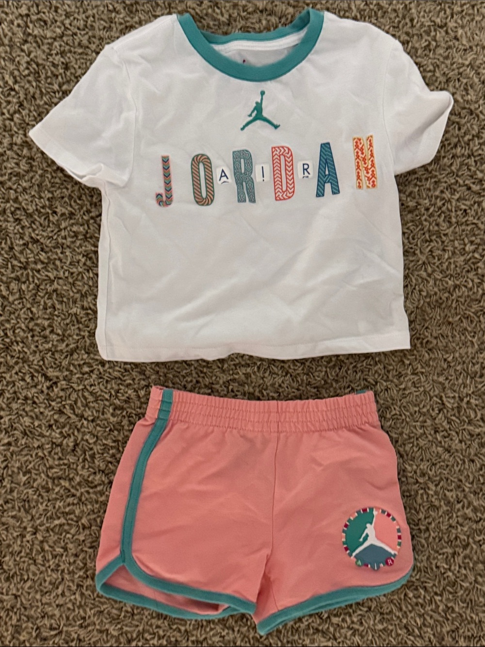 Jordan White Tee with Teal Trim & Pink Shorts